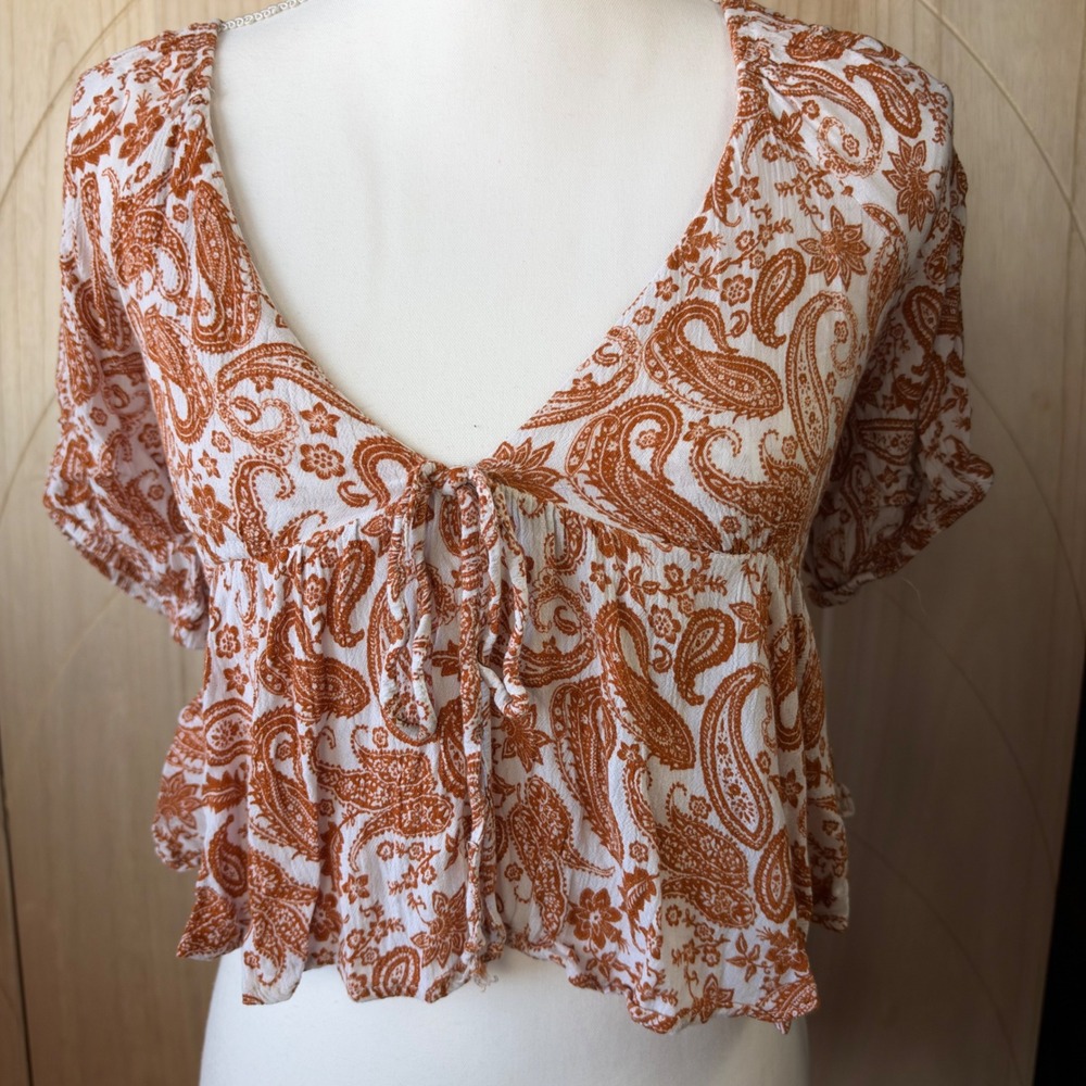 Girl Soul Crop Top S Orange Paisley Tie Front Open Back Boho Festival Casual